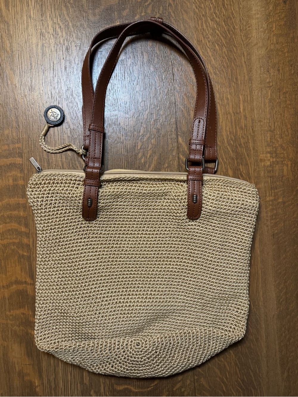 The Sak Beige Crochet Tote Bag Brown Leather Straps Boho Beach Purse Sack Bag - Picture 5 of 9